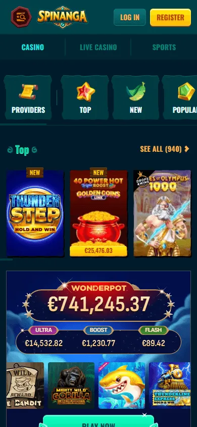 Spinanga Casino games area on a mobile device