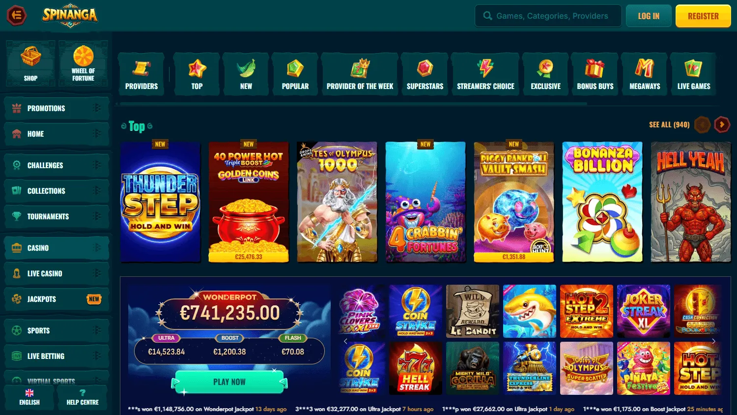 Spinanga Casino games area on desktop