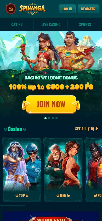 Spinanga Casino home page on a mobile device