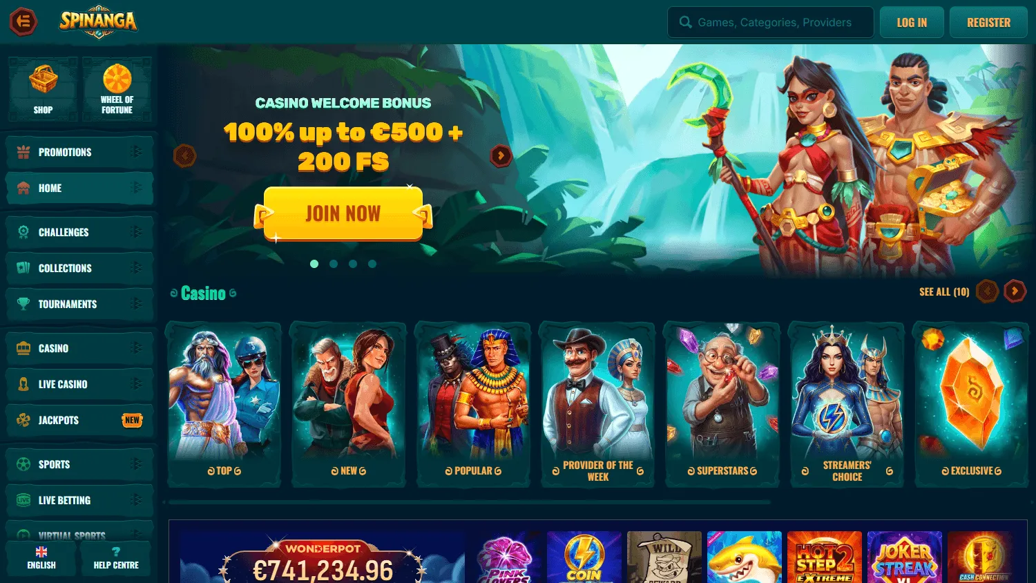 Spinanga Casino home page on desktop
