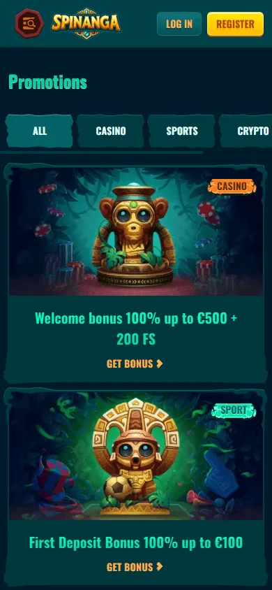 Spinanga Casino promotions area on a mobile device