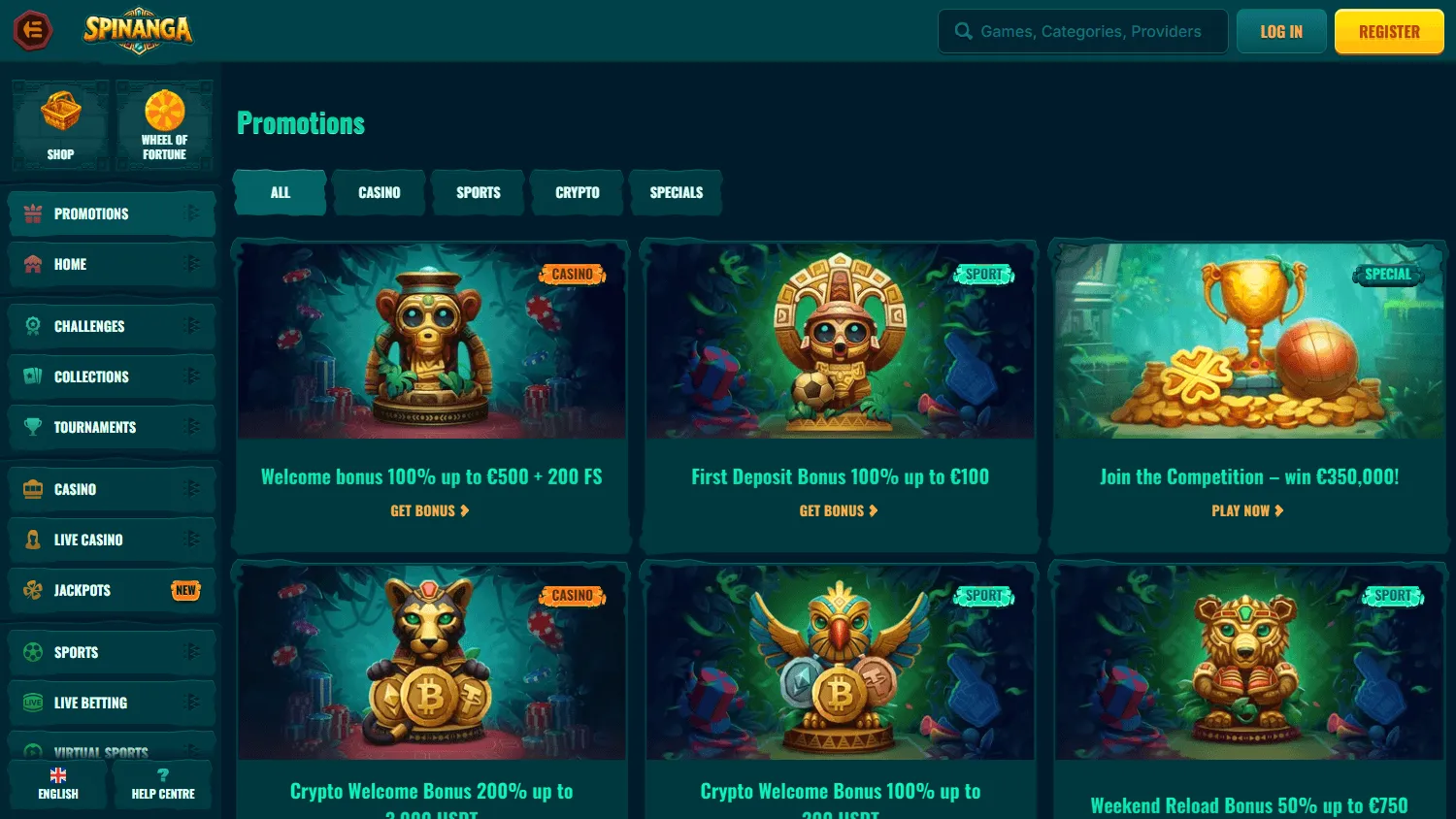 Spinanga Casino promotions area on desktop